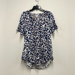 LuLaRoe Women’s Blue White Red Animal Print - Flowy T-Shirt.  Size: Medium